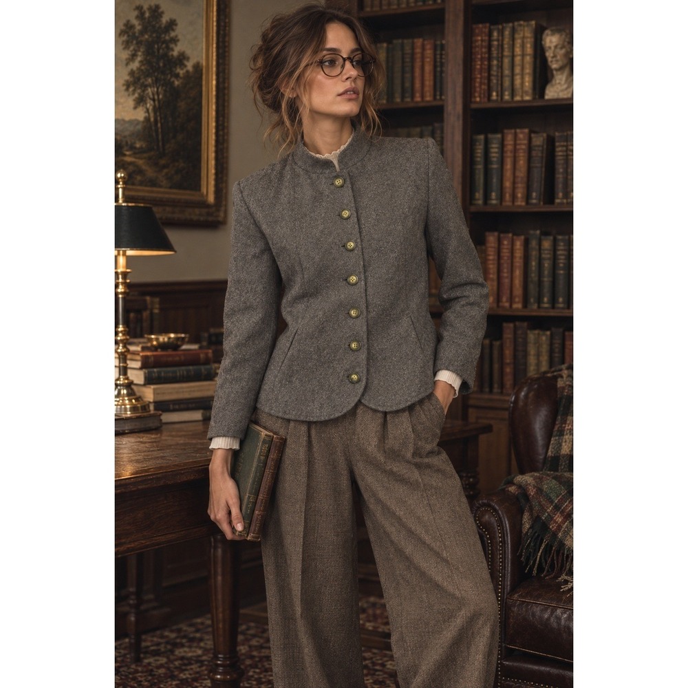 Vintage 60s Mod Wool Blazer Womens S Gray Mandarin Collar Academia Old Money